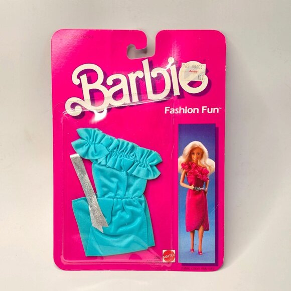 VTG Barbie Fashion Fun Outfit 2086 Teal Dress & Silver Belt 1985 Mattel MOC - Picture 1 of 4